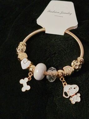Gold-tone Charm Bracelet with White Enamel Dog & Bone Charms
